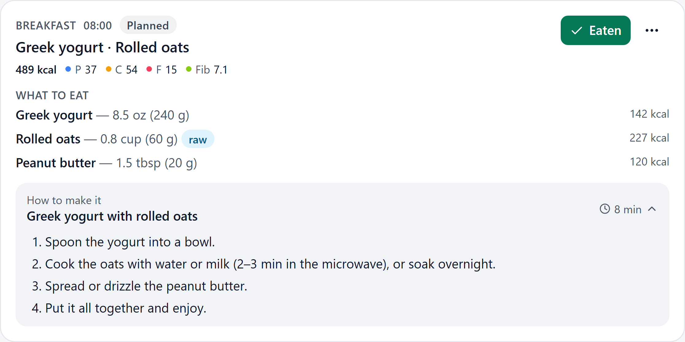 A planned breakfast with exact portions, and the steps to make it