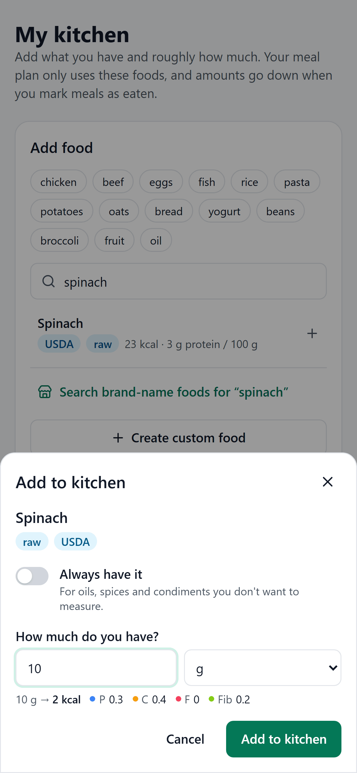 Adding 10 grams of spinach to the kitchen, with its calories and macros