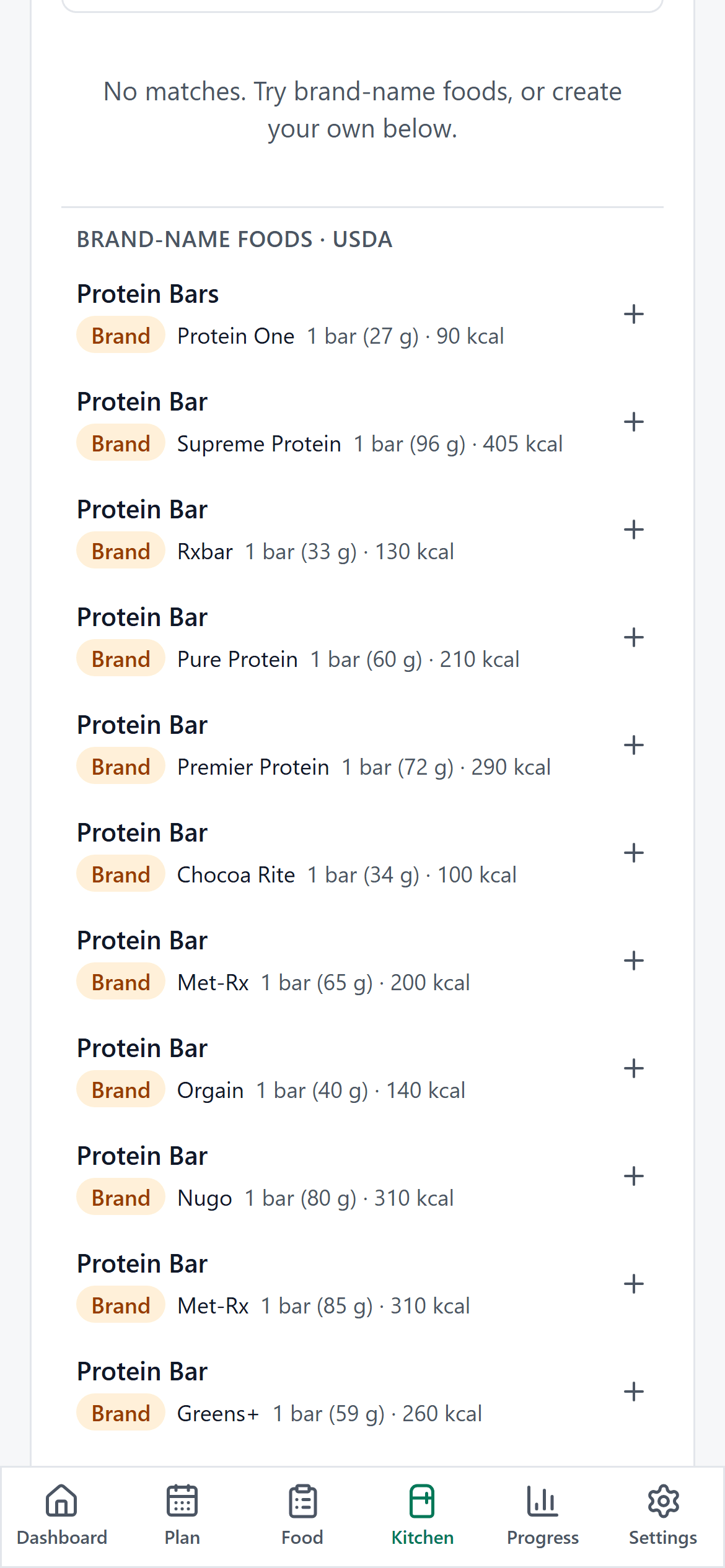 Brand-name protein bars found in USDA's database, each with its serving size and calories