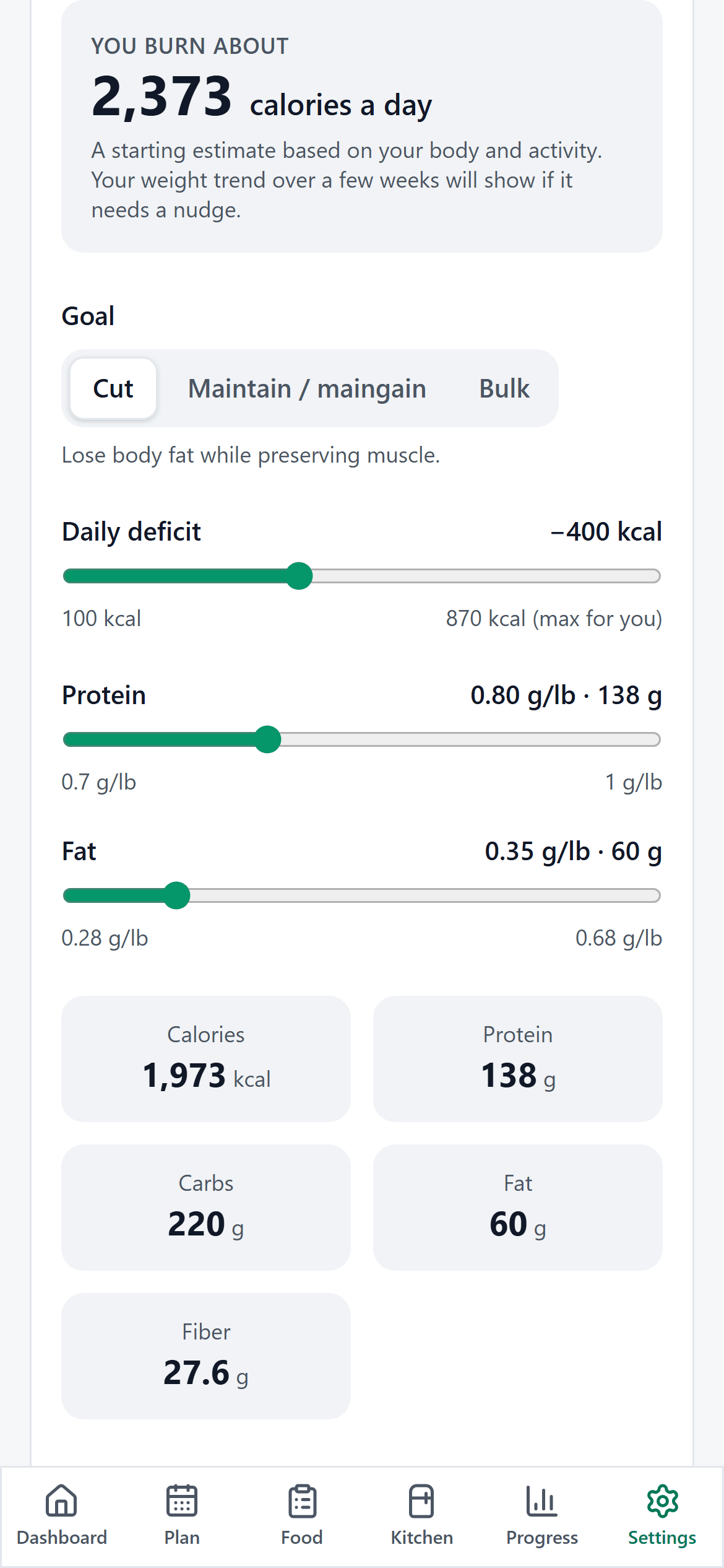 Goal settings in Pantry Plan: cut, maintain or bulk, the daily calorie deficit, protein and fat per pound of body weight, and the resulting targets